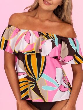 NEW Tara Grinna Off Shoulder Ruffle Loose Bandini Tankini Swim Top 176 Ferrara